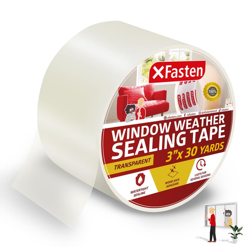 XFasten Window Sealing Tape for Winter 3â€ x 30 Yards RV Window Stripping for Winter | Heavy-Duty Transparent Weather Sealing Tape for Plastic Window Coverings for Winter, Residue-Free Weather Tape - Image 1