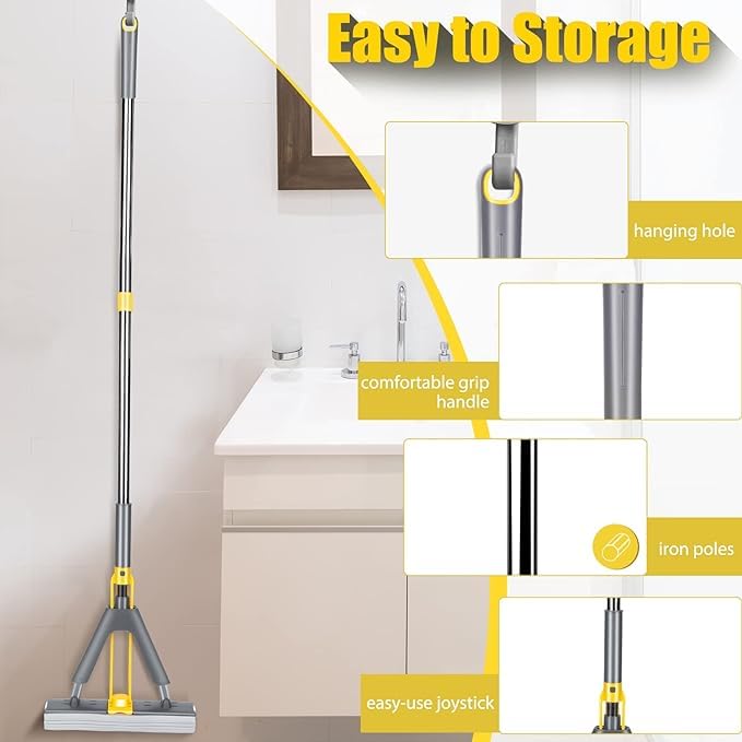 Whixant Sponge Mop with 1 Super Absorption Sponge Head Absorbent PVA Sponge with Telescopic Stainless Steel Handle Floor Mop for Kitchen Bathroom Multicolor - Image 3