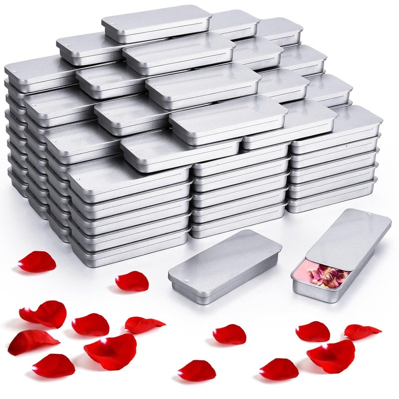 Norme Norme 100 Pcs Silver Slide Top Small Tins Containers Rectangular Cosmetics Metal Boxes Small Lip Balm Containers Metal Tins with Lids for Lip Balm Jewelry Crafts Pills, 3.15 x 1.38 x 0.43" 