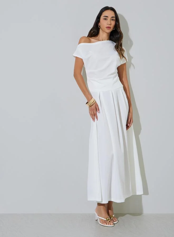 ستايلي White Asymmetric Neck Top And Skirt Co-Ord Set