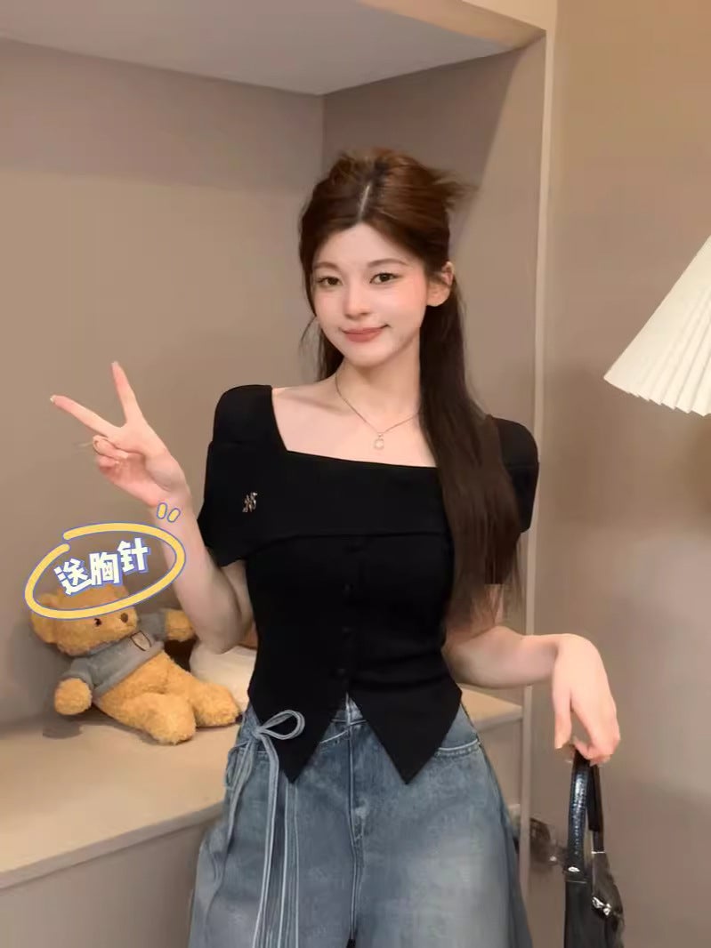 2024 Short Temperament Gentle Generous Slim Slim Design Irregular T-Shirt Dm8360 - Image 4