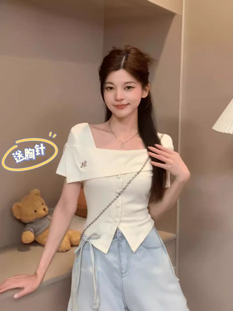 2024 Short Temperament Gentle Generous Slim Slim Design Irregular T-Shirt Dm8360 - Image 3