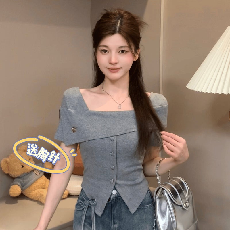 2024 Short Temperament Gentle Generous Slim Slim Design Irregular T-Shirt Dm8360 - Image 1