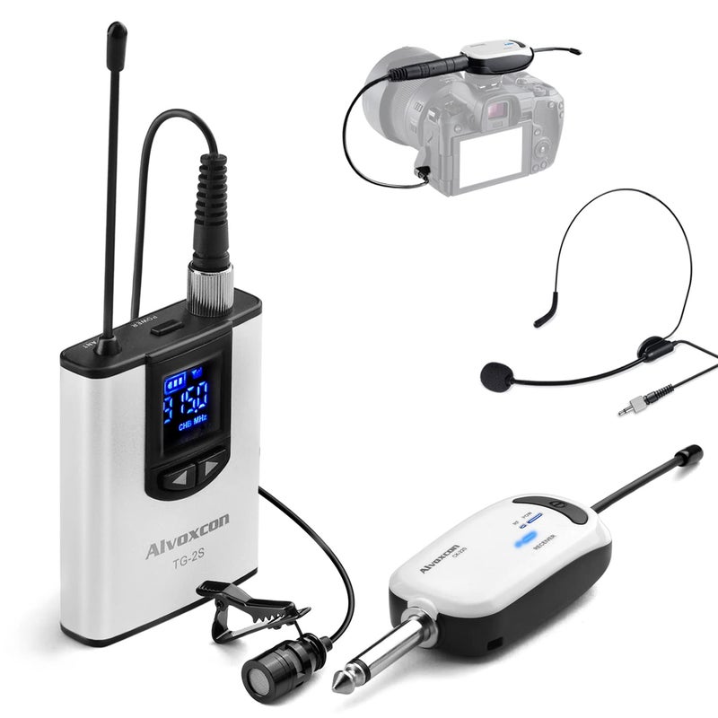 Alvoxcon نظام ميكروفون لافاليير لاسلكي من ألفوكسكون مع سماعة رأس لاسلكية الأفضل لـ iPhone وكاميرا DSLR ومكبر صوت PA ويوتيوب والبودكاست وتسجيل الفيديو والمؤتمرات والمدونات والكنيسة والمقابلات والتعليم - Image 1