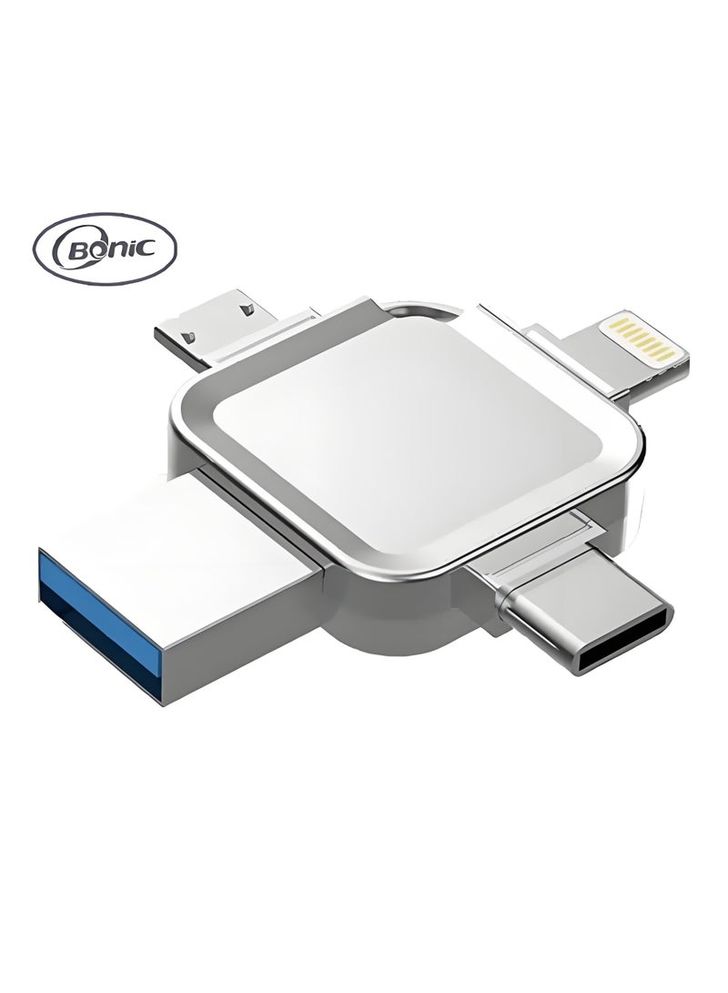Bonic 128GB 4-in-1 high-speed USB flash drive, USB 3.0 Type-C/Lightning/Micro USB interface, silver compatible with Android, Apple mobile phones, tablets, Mac laptops - Image 1