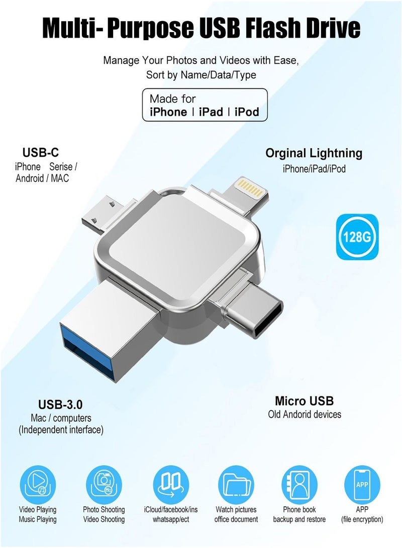 Bonic 128GB 4-in-1 high-speed USB flash drive, USB 3.0 Type-C/Lightning/Micro USB interface, silver compatible with Android, Apple mobile phones, tablets, Mac laptops - Image 5