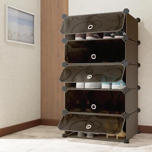 HEMOVIA Plastic Shoe Rack for Home | 𝟓 𝐒𝐡𝐞𝐥𝐟 DIY Shoe Rack with Door for Home Storage Plastic Box Organizer, Metal Door Frame, Chappal Slipper Sandals Stand (Black, 5-Shelf-5-Door) - Image 1