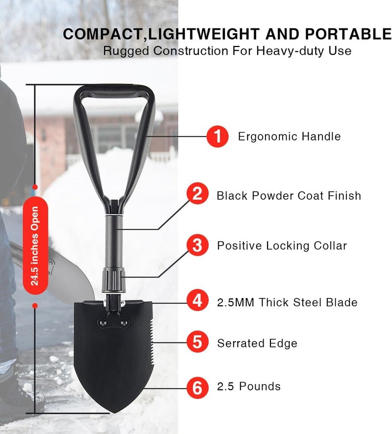 Behandy 24.5" Collapsible Shovel, Heavy Duty Foldable Shovel, Camping Shovel and Pickax, Military Entrenching Tool for Gardening, Camping, Mud&Snow, Off Road, Portable Car Emergency kit - Image 3