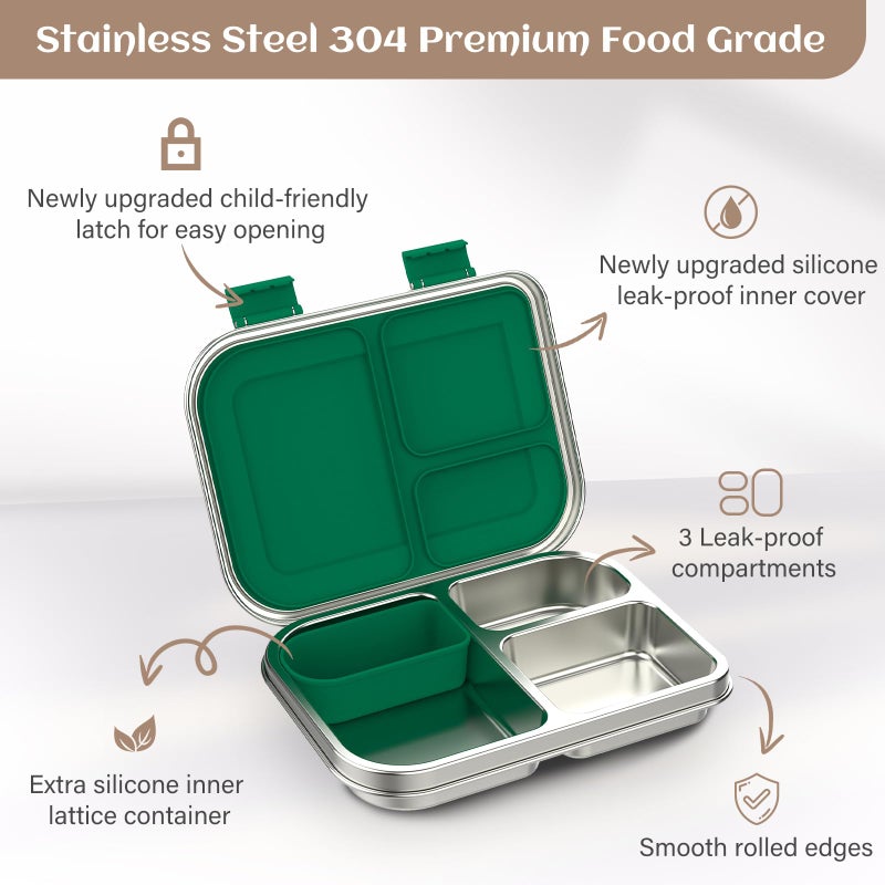 BABHAMNESS Stainless Steel Bento Box Kids, 3 Compartments Leak Proof Metal Bento Lunch Box, 304 Stainless Steel Bento Lunch Containers for School and Office,Dishwasher Safe, BPA-Free-Green - Image 3