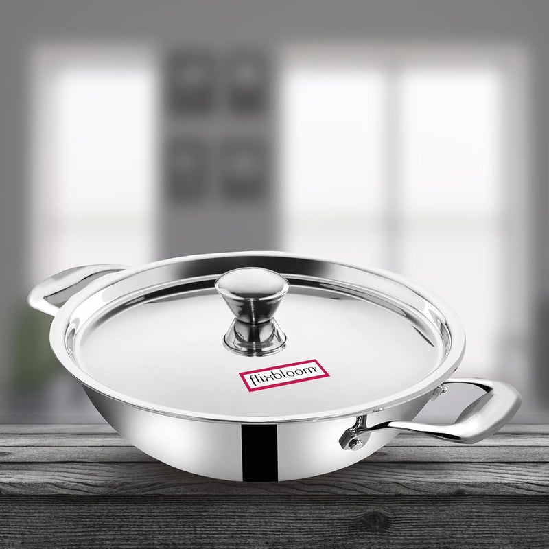 Flixbloom Complete Kitchen TriPly Stainless Steel Cookware Induction BaseLPG Compatible Kadai with SAS Inclusion SteelAluminiumSteel Kadhai for Cooking Serving Kadai with Lid 2 Litre - Image 2