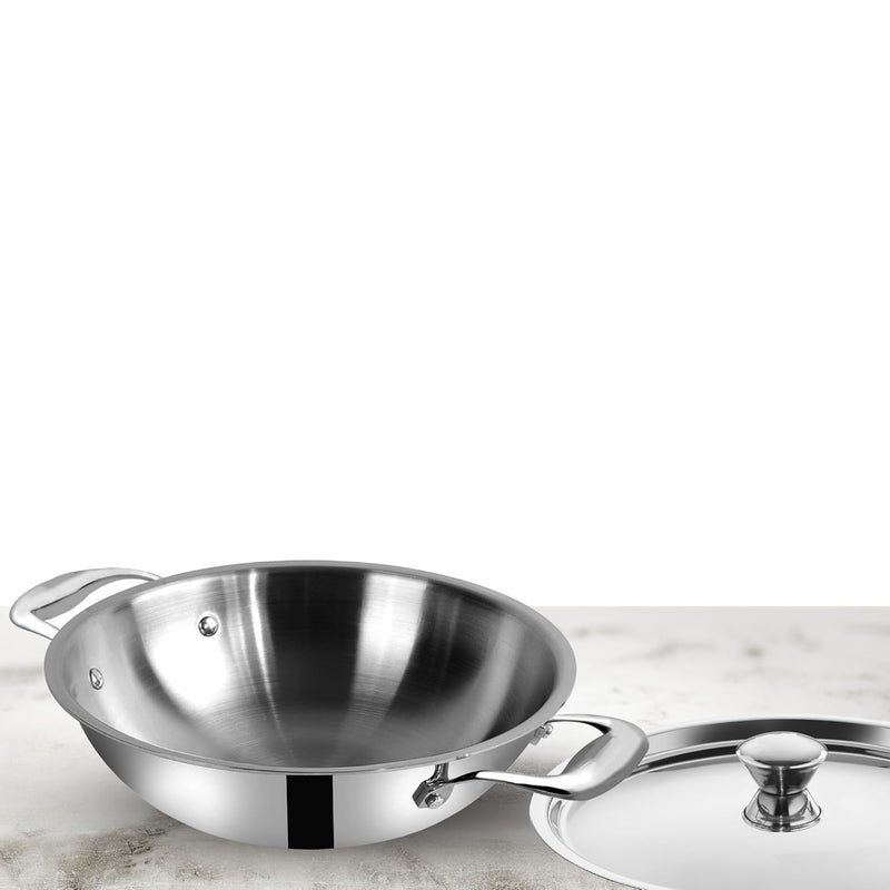Flixbloom Complete Kitchen TriPly Stainless Steel Cookware Induction BaseLPG Compatible Kadai with SAS Inclusion SteelAluminiumSteel Kadhai for Cooking Serving Kadai with Lid 2 Litre - Image 1