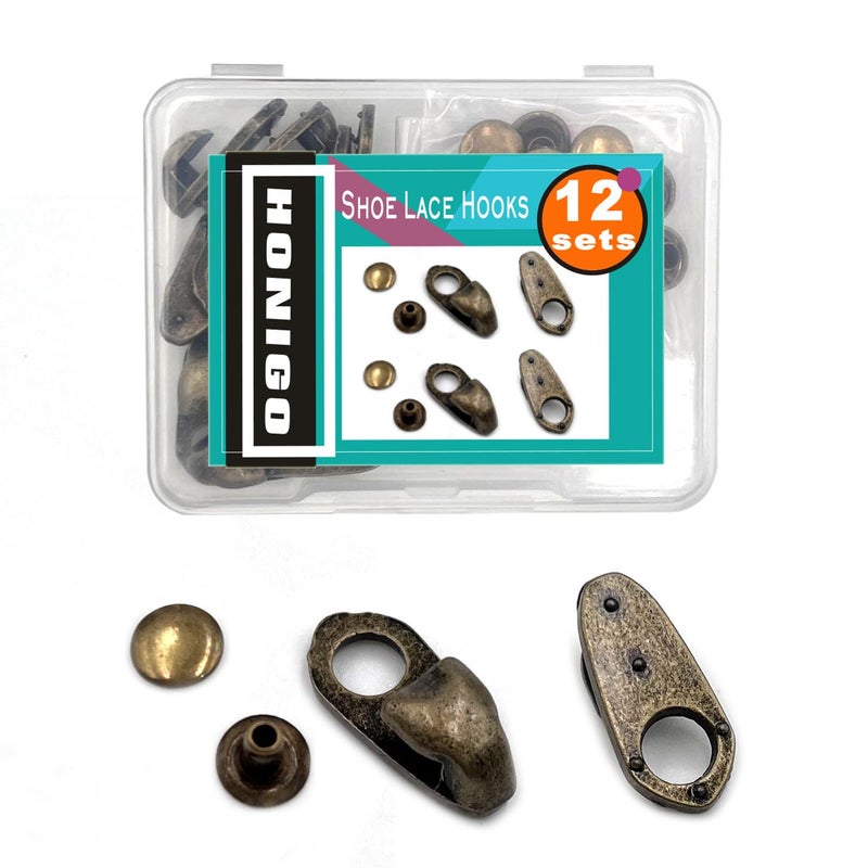 Honigo 12 Sets Shoe Lace Hooks Bronze Alloy Shoelace Buckles Boot Hooks with Rivets for Repair/Camp/Hike/Climb Accessories - Image 1
