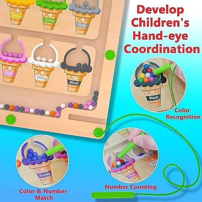 MAGNETIC COLOR & NUMBER MAZE - MONTESSORI WOODEN COLOR MATCHING LEARNING COUNTING PUZZLE BOARD - TODDLER FINE MOTOR SKILLS TOYS FOR BOYS GIRLS 3 4 5 YEARS OLD（ICE CREAM） - Image 4