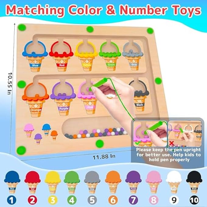 MAGNETIC COLOR & NUMBER MAZE - MONTESSORI WOODEN COLOR MATCHING LEARNING COUNTING PUZZLE BOARD - TODDLER FINE MOTOR SKILLS TOYS FOR BOYS GIRLS 3 4 5 YEARS OLD（ICE CREAM） - Image 2