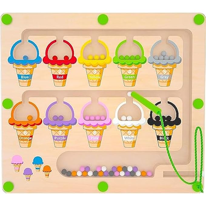 MAGNETIC COLOR & NUMBER MAZE - MONTESSORI WOODEN COLOR MATCHING LEARNING COUNTING PUZZLE BOARD - TODDLER FINE MOTOR SKILLS TOYS FOR BOYS GIRLS 3 4 5 YEARS OLD（ICE CREAM） - Image 1