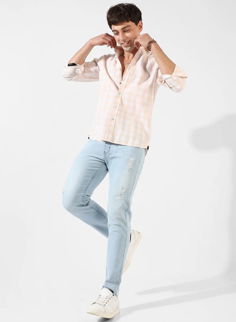 Campus Sutra  Men's White And Peach Checkered Regular Fit Casual Shirt for Men | Best Price UAE