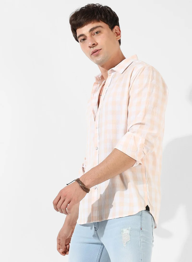 Campus Sutra  Men's White And Peach Checkered Regular Fit Casual Shirt for Men | Best Price UAE
