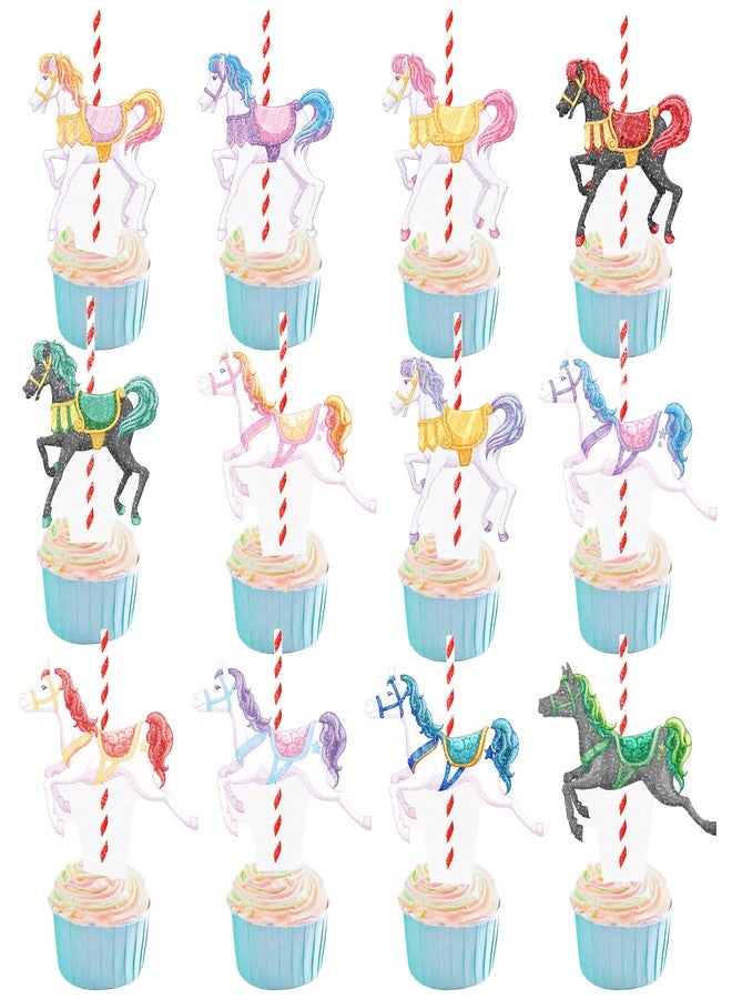 umoni Carousel Horse Cupcake Toppers Carousel Birthday Party Decorations 48Pcs Colorful Carousel Horse Party Cupcake Picks Amusement Carousel Horse Party Decorations for Baby Shower Party Supplies - Image 2