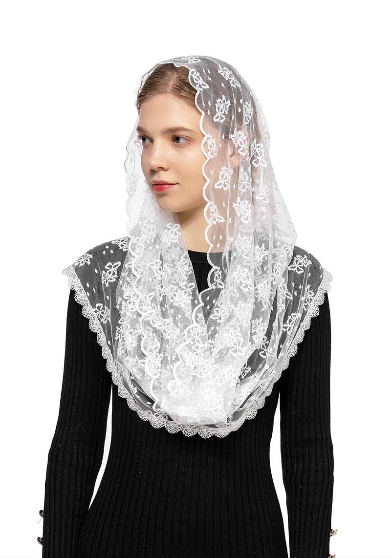 Wgior Embroidered Lace Chapel Veil Infinity Mantilla Veils Catholic Church veil Latin Mass Head Covering Scarf (White) - Image 2