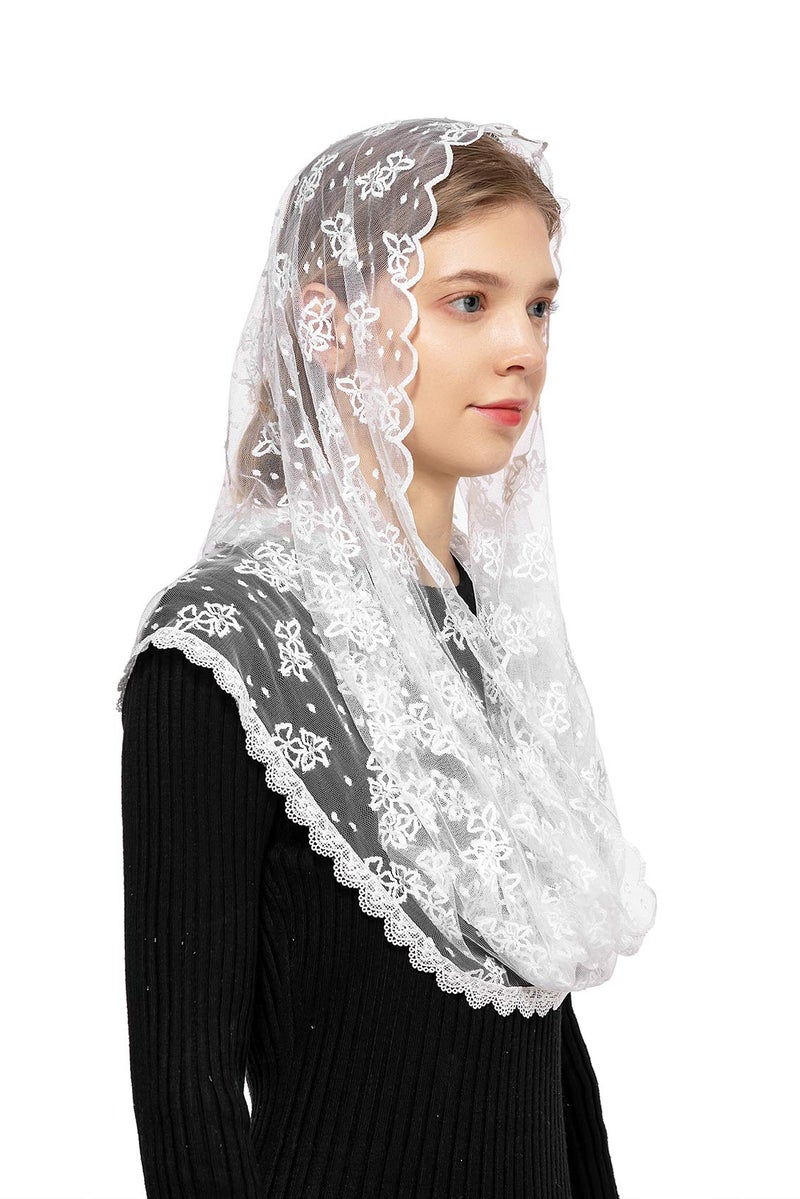 Wgior Embroidered Lace Chapel Veil Infinity Mantilla Veils Catholic Church veil Latin Mass Head Covering Scarf (White) - Image 3