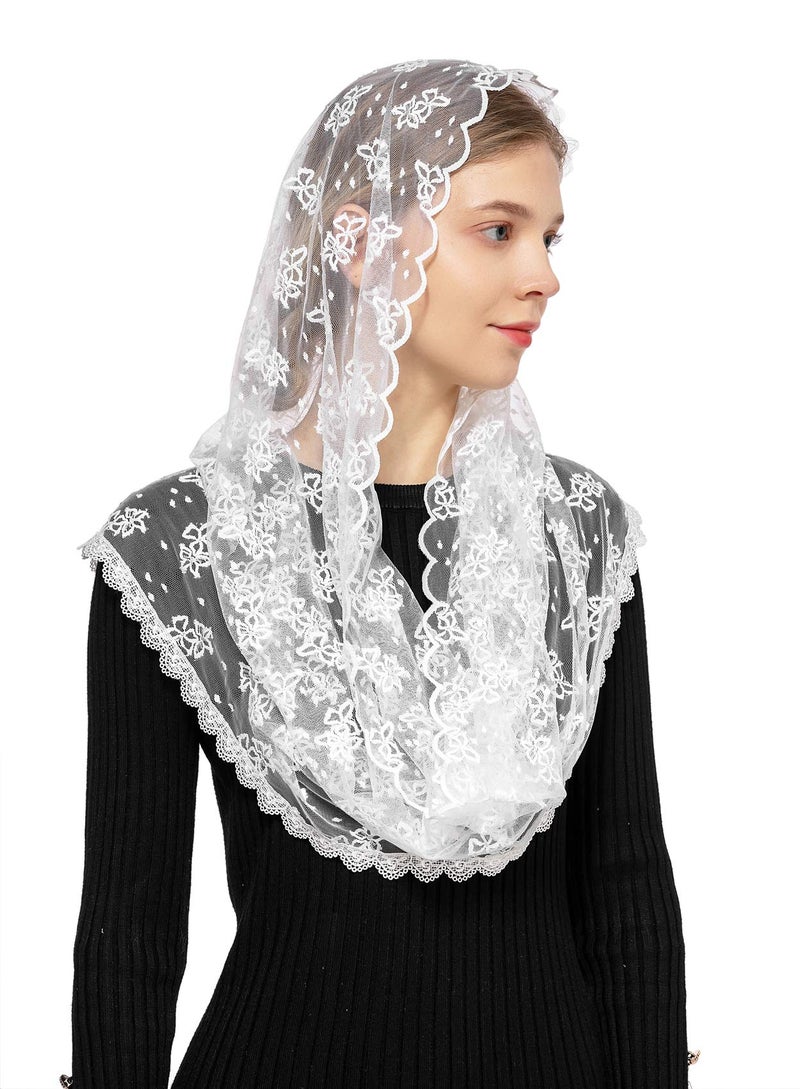 Wgior Embroidered Lace Chapel Veil Infinity Mantilla Veils Catholic Church veil Latin Mass Head Covering Scarf (White) - Image 1