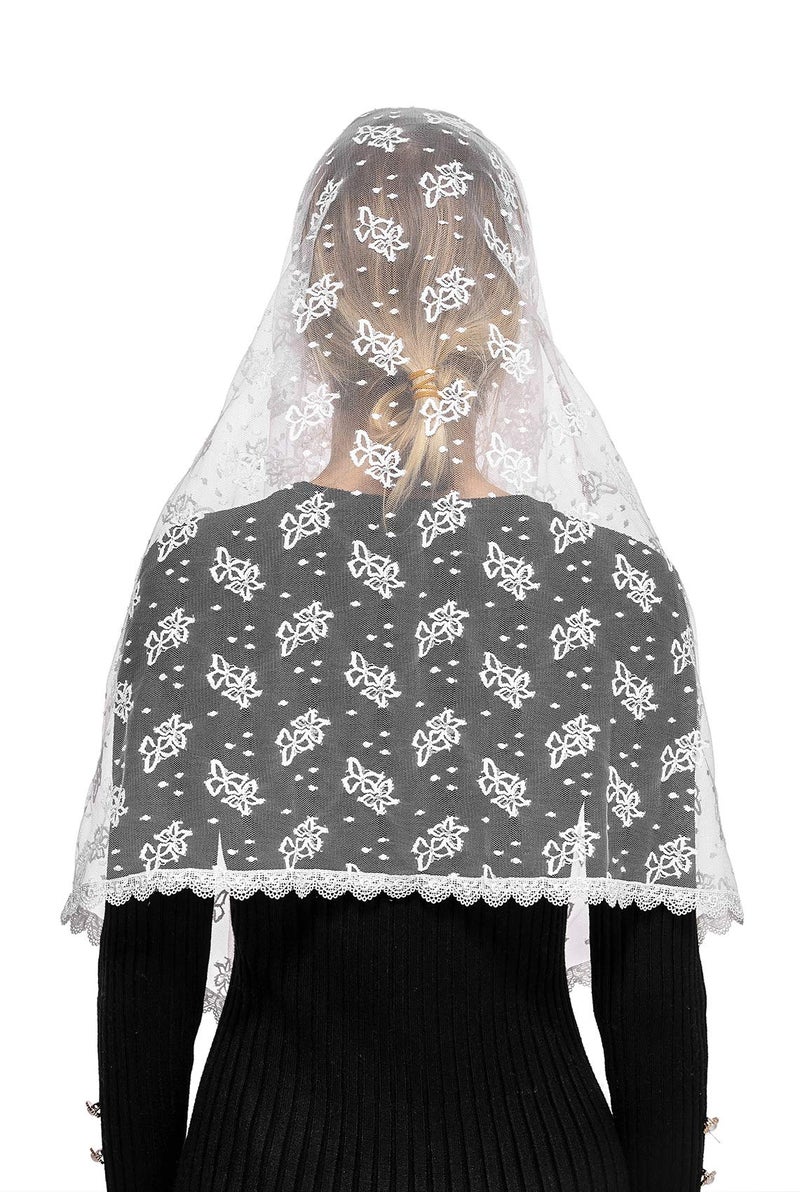 Wgior Embroidered Lace Chapel Veil Infinity Mantilla Veils Catholic Church veil Latin Mass Head Covering Scarf (White) - Image 5