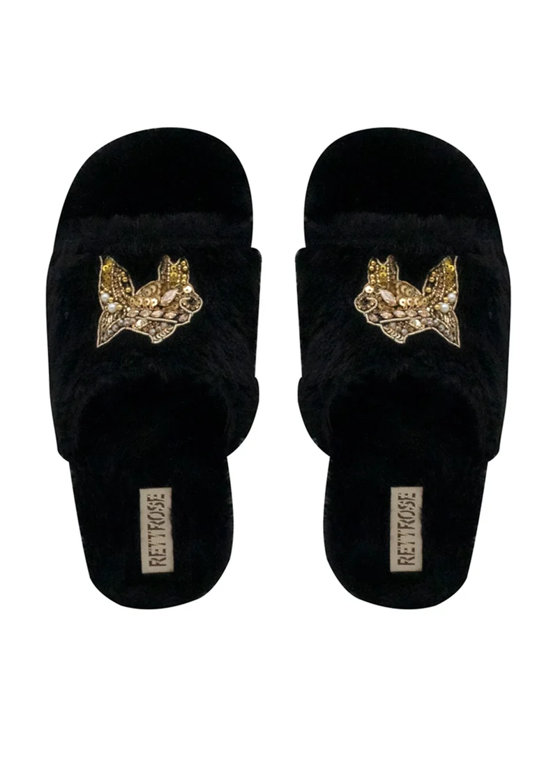 RETTROSE Mae Black Luxury Plush Diamanté Embellished Handmade Slipper
