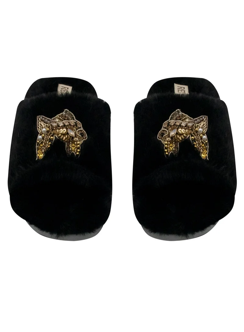 RETTROSE Mae Black Luxury Plush Diamanté Embellished Handmade Slipper