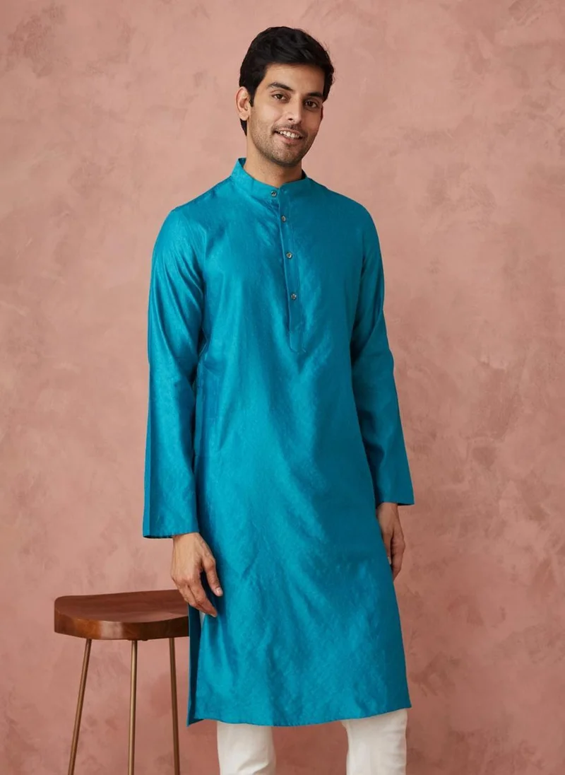Fabindia Turquoise Viscose Silk Woven Long Kurta