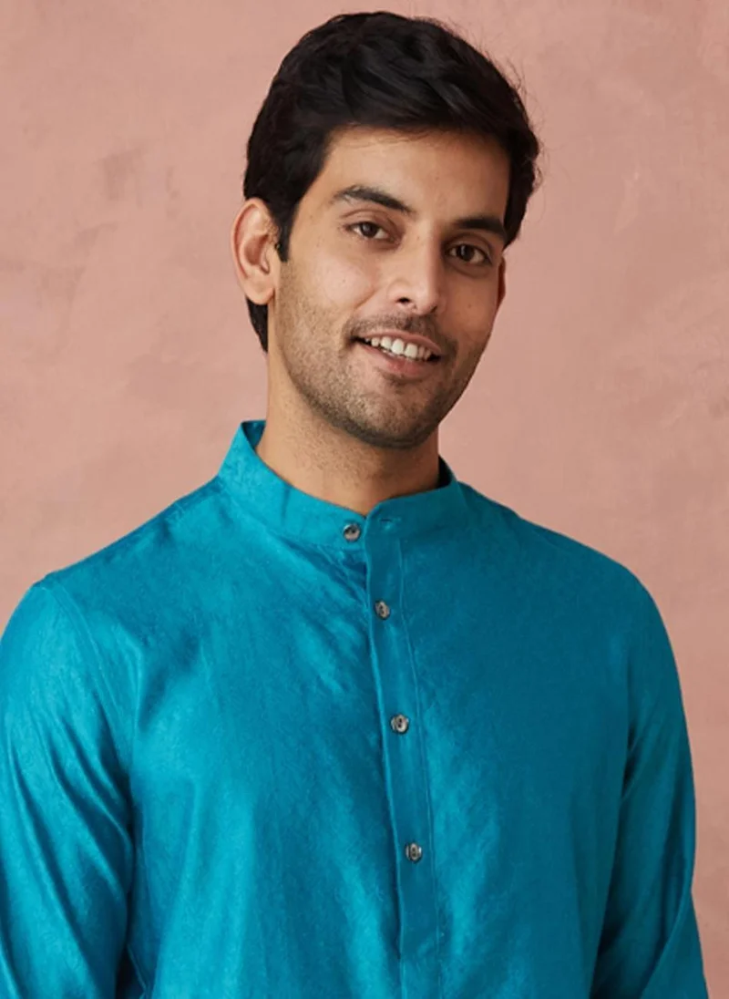 Fabindia Turquoise Viscose Silk Woven Long Kurta