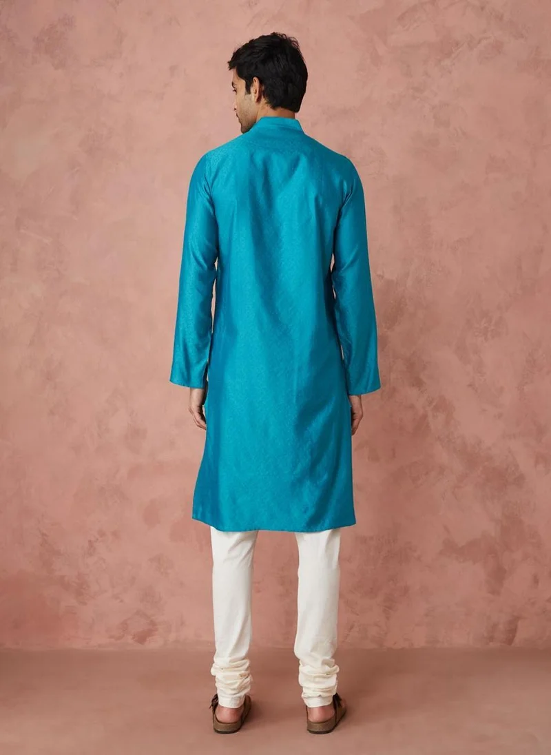 Fabindia Turquoise Viscose Silk Woven Long Kurta