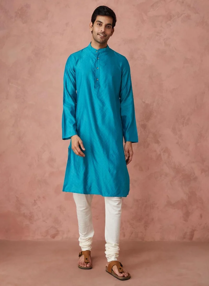 Fabindia Turquoise Viscose Silk Woven Long Kurta