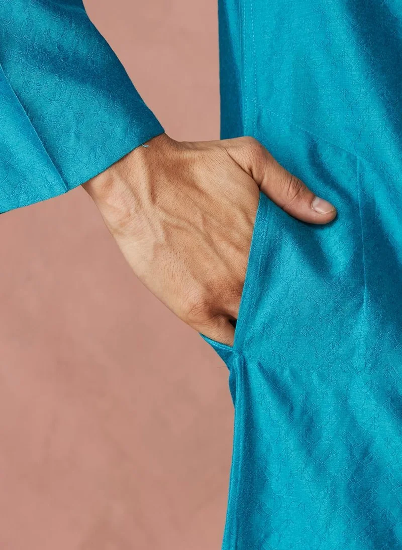 Fabindia Turquoise Viscose Silk Woven Long Kurta