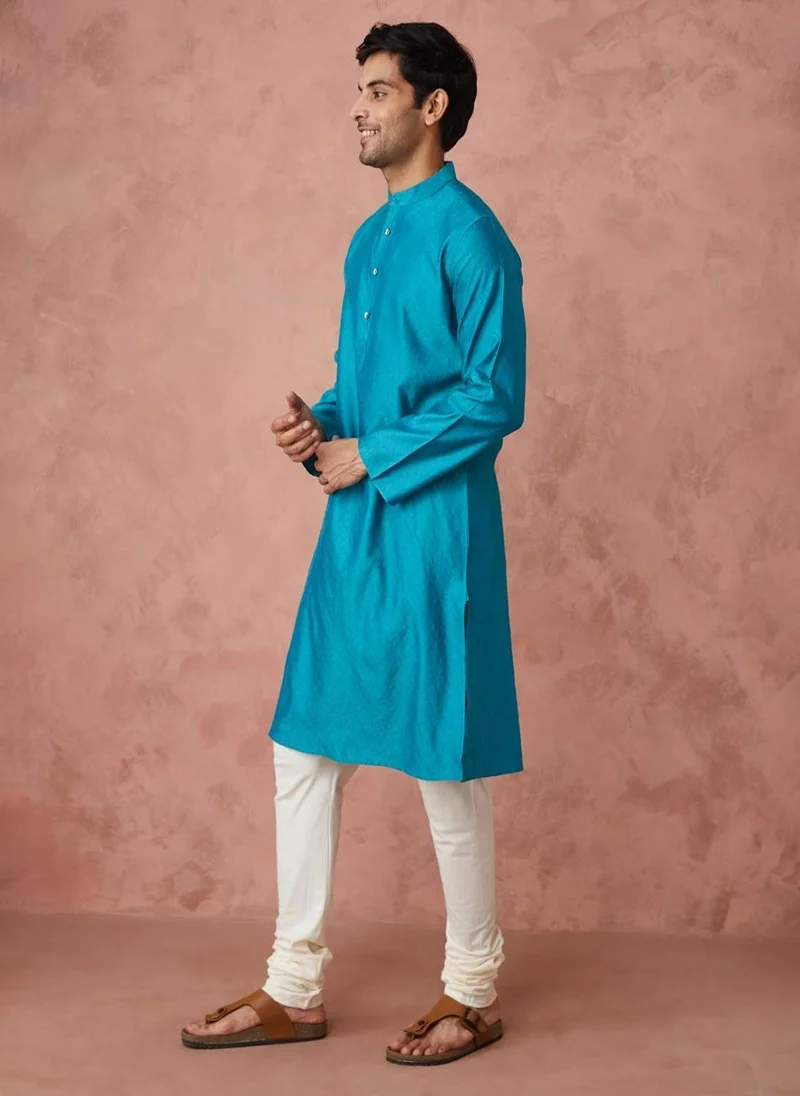 Fabindia Turquoise Viscose Silk Woven Long Kurta