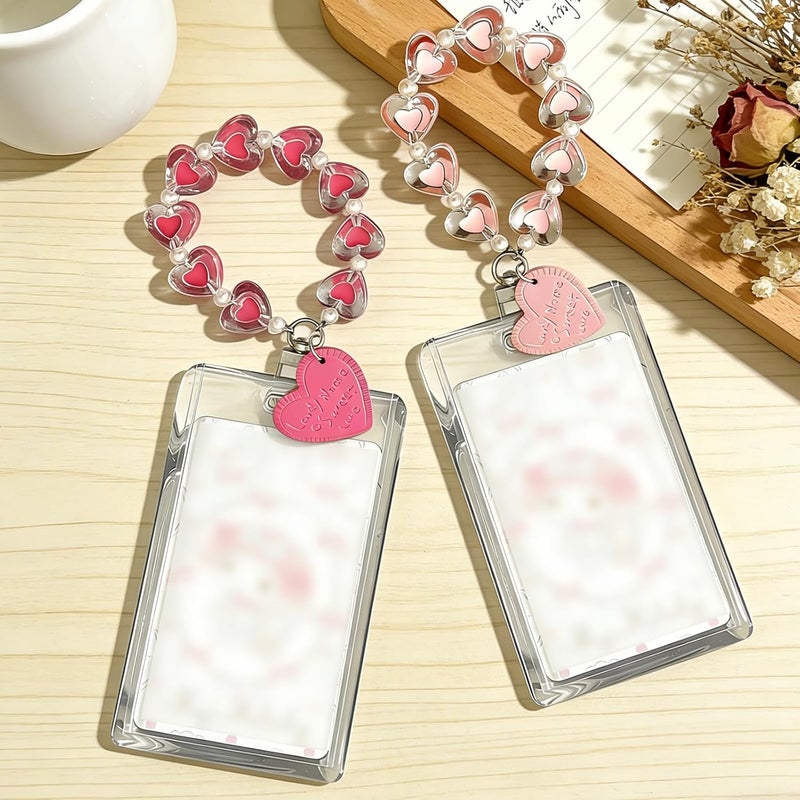 SAMIQU Photocard Holder Keychain–Kpop Photo Card Holder with Heart Charm for Fans, Students & Women,Clear Photocard Sleeves Badge Holders for Bus/Metro/ID Cards(Set of 2) - Image 4