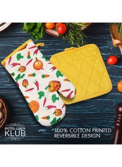 Hotel Linen Klub 2-Piece Reversible Printed Design Gloves/Oven Mitt And Pot Holder Set Yellow  - Image 3