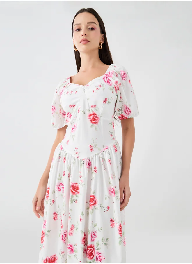 Take Two Take Two Floral Print Sweetheart Neck Midi Dress