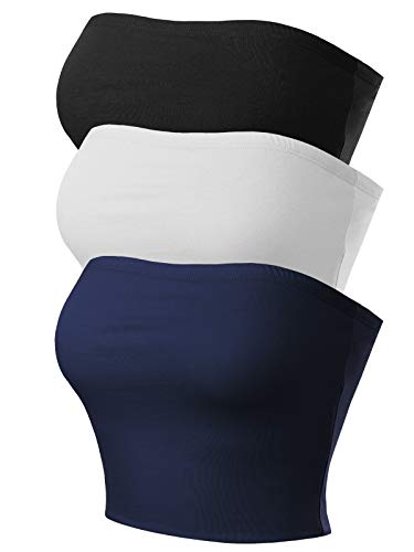 MixMatchy Women's Strapless Tube Tops Basic Bandeau Crop Sleeveless Backless Casual Sexy Going Out Summer 2025 3PACK - Black/White/Navy L - Image 4