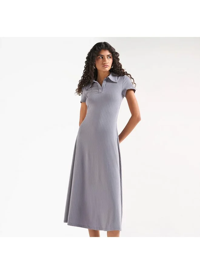 FAV Ribbed Midi T-shirt Dress with Collar and Short Sleeves