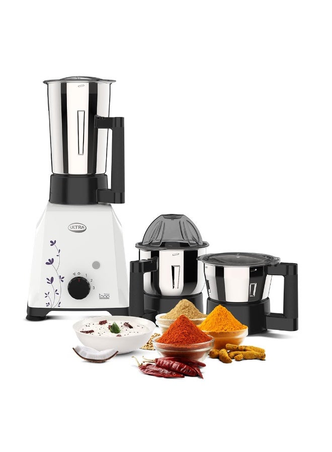 UltraToppMixergrinderfor Superfastgrinding,High Speed,750 Watts,SafetyLocksystem, AISI 304Food GradeStainlessSteelJars,3Jars ABS Body,SerratedbladesCylindricalJars,5YearWarrantyonMotors.(White). - Image 1