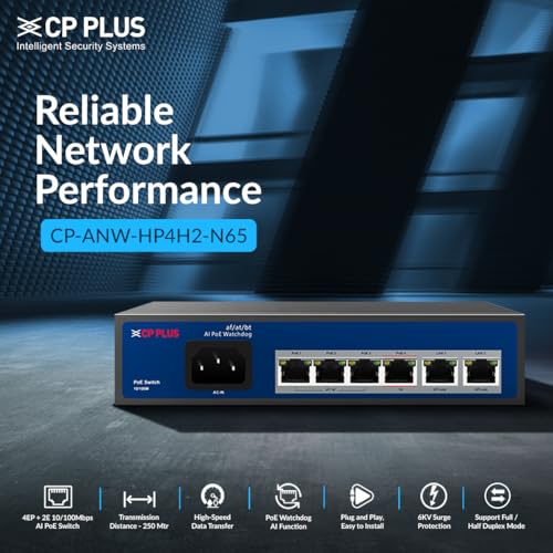 CP Plus 4EP + 2E Port 10/100Mbps AI PoE Switch | Easy and Smart Managed | Plug and Play | PoE Watchdog AI Function | CP-ANW-HP4H2-N65 - Image 2