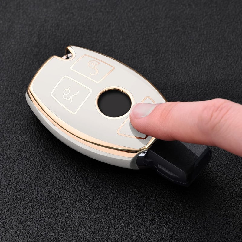 OATSBASF Car Key Case for Mercedes Benz - Key Cover for W204 W211 2-3 Keyless Buttons (Golden Edge White) - Image 2