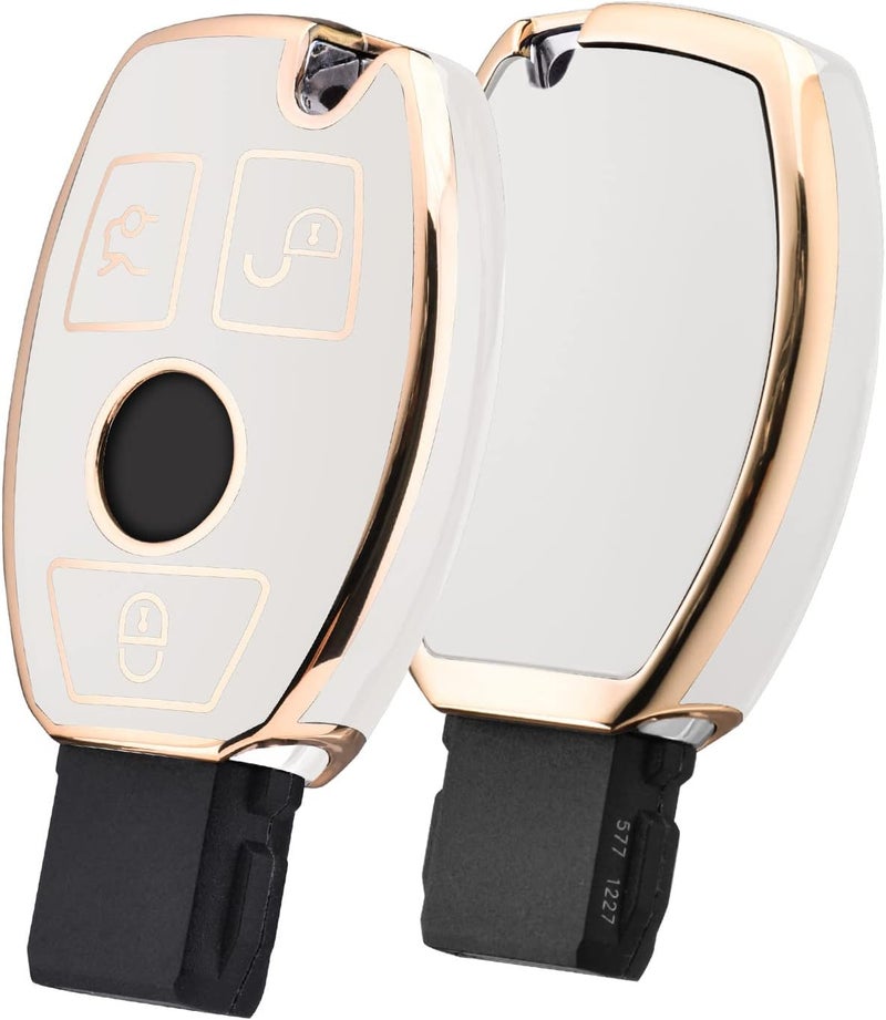OATSBASF Car Key Case for Mercedes Benz - Key Cover for W204 W211 2-3 Keyless Buttons (Golden Edge White) - Image 1