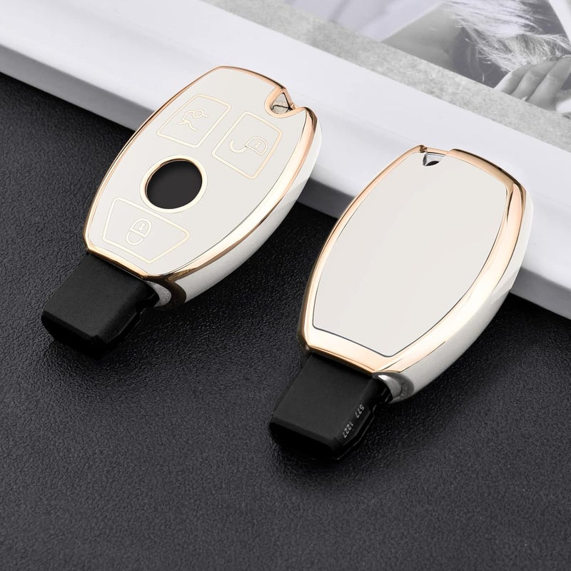 OATSBASF Car Key Case for Mercedes Benz - Key Cover for W204 W211 2-3 Keyless Buttons (Golden Edge White) - Image 3