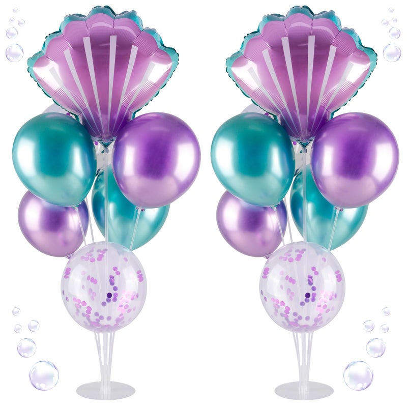 Ufurty Mermaid Balloons Table Centerpiece 2 Sets Mermaid Balloon Stands Table Decorations for Birthday Baby Shower Beach Sea Theme Party Balloons 2 Pcs Sea Shells Foil Balloons and 12 Pcs Latex Balloons - Image 3