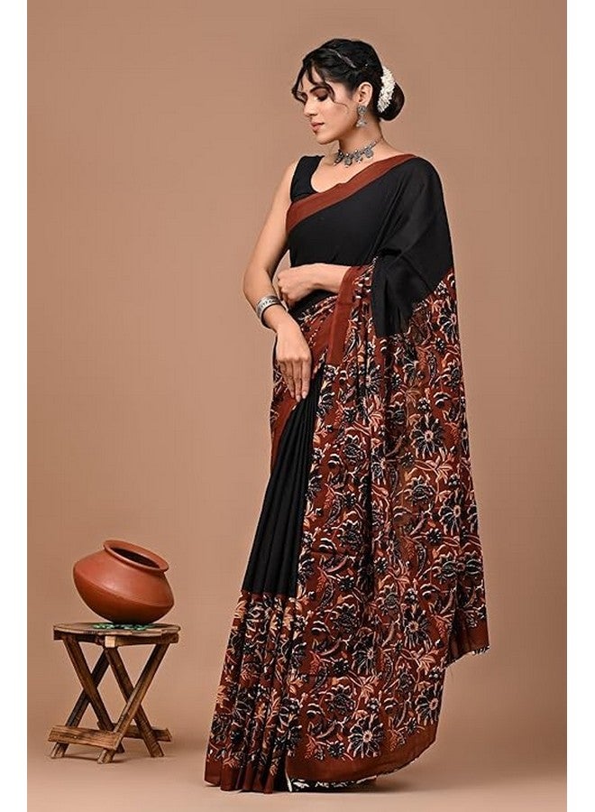 Women's Rajasthani Cotton Saree with Blouse Piece | Traditional Bagru Print Soft Cotton Saree for Daily & Casual Wear - Black & Maroon  - Image 4