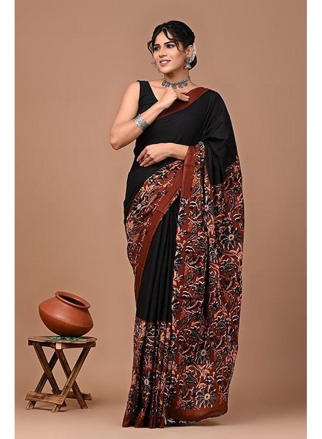 Women's Rajasthani Cotton Saree with Blouse Piece | Traditional Bagru Print Soft Cotton Saree for Daily & Casual Wear - Black & Maroon  - Image 2