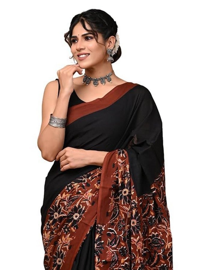 Women's Rajasthani Cotton Saree with Blouse Piece | Traditional Bagru Print Soft Cotton Saree for Daily & Casual Wear - Black & Maroon  - Image 1