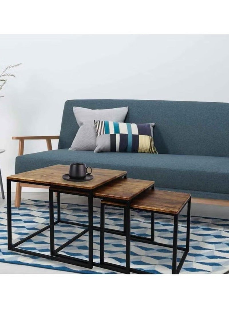 Luxury Home A 3-Piece Nesting Table Set Designed with Wooden Surfaces and Black Steel Legs - Image 3