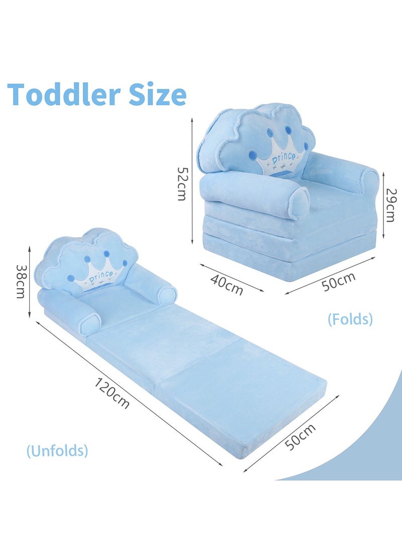 Kids sofa, Kids Foldable Sofa Bed, Princess Chair for Toddlers 1-3, Blue Cartoon Shape, High Density Foam, Fold Out Couch for Bedroom, Sofa Bed for Girls and Boys